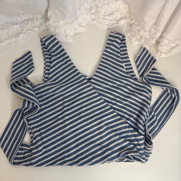 Dee Elly Blue & White Striped Wrap Crop Top Ribbed Sleeveless M - Picture 5 of 6